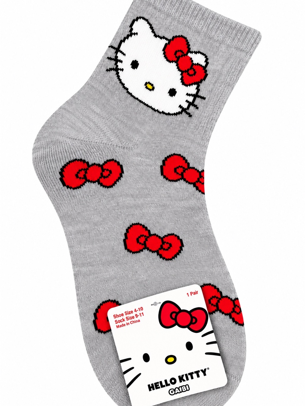 Hello Kitty Gray Ankle Socks with Red Bow Accents